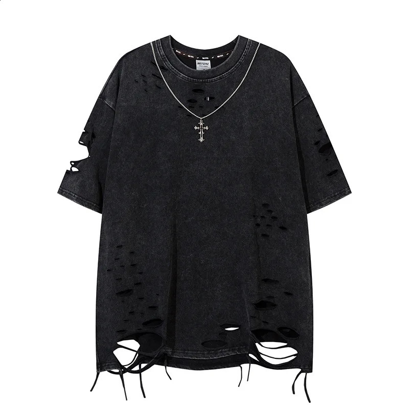 Summer Washed Destroyed Tops and T-shirts Retro Distressed Necklace T-shirt Harajuku Oversized Lazy Ripped T Shirt 240812