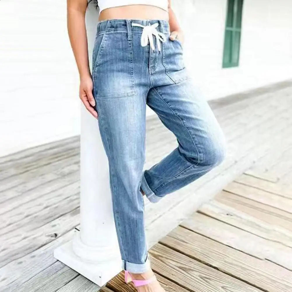 Women High Elasticity Jeans Solid Color Jeans Streetwear Denim Pants Womens Autumn High Waist Zipper Fly Lace-up Slim Fit Jeans 240813
