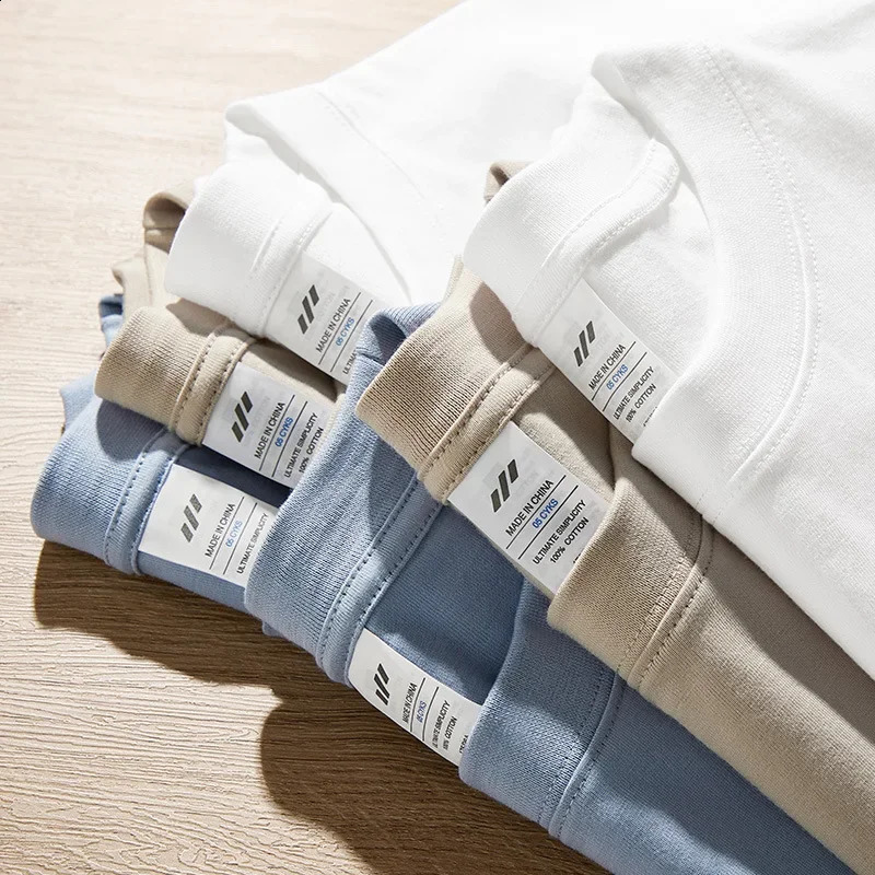 Autumn 230g Cotton Heavyweight Round Neck Solid Color Long Sleeved Mens T-shirt Loose Bottomed Shirt 240820