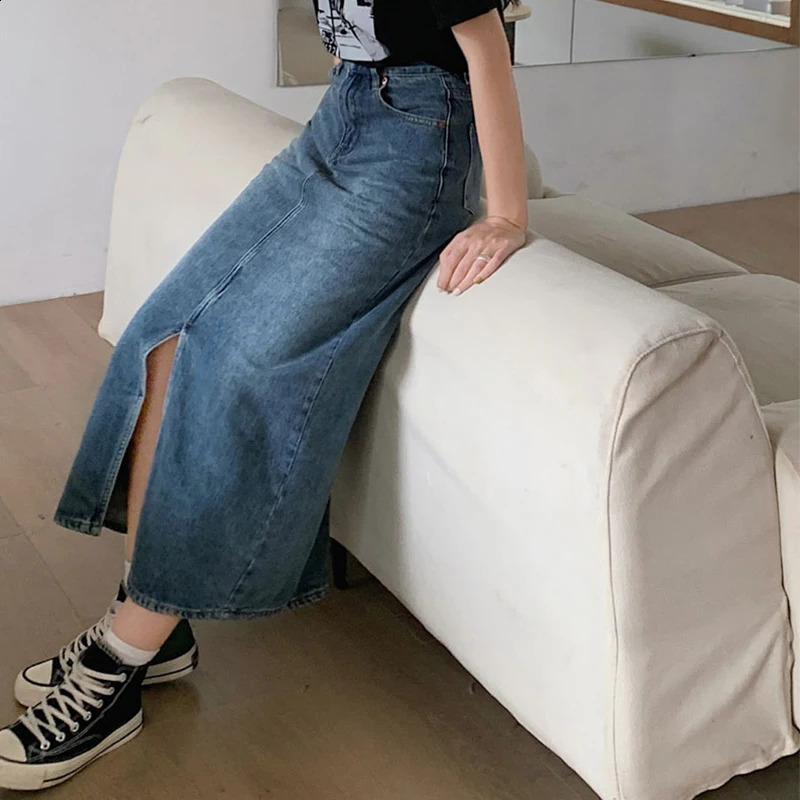 Womens Denim Wrap Skirts Retro High Waisted Split A-line Denim Skirt Autumn Fashion Straight Skirt Female 240812