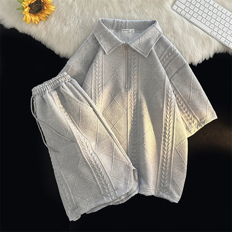 Two Piece Sets Men Baggy Shorts Lapel T-shirts Summer Minimalist Sporty Fashion M-3XL Korean Stylish Casual Teens Handsome Chic 240813