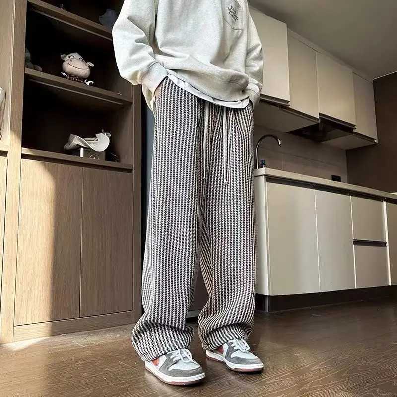 American retro black vertical striped casual pants for men and women trend lazy loose drawstring straight leg wide leg pants y2kXJ240813