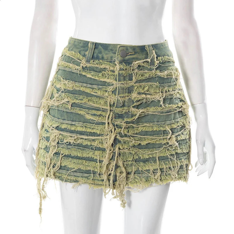 BUILDINGB Tassels Solid Vintage Denim Street Style Short Skirt Women Casual High Waist Skinny Bottom Streetwear Clothing 240812