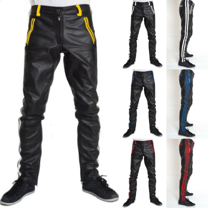 Mens COWHIDE LEATHER PANTS COLOR STRIPES BIKERS 240812