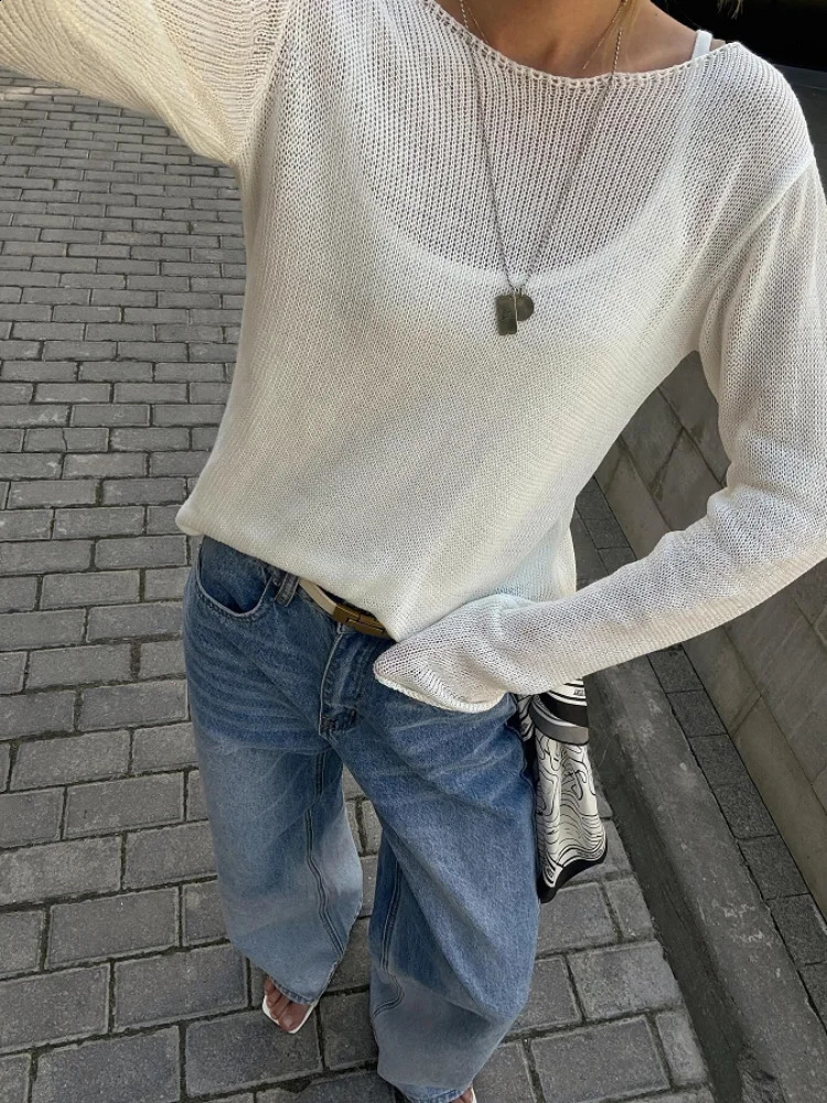Elegant Knitted Hollow Floral Womens Loose Oneck Long Sleeve See Through Jumper Summer Y2k Fashion Beach Sweater 240812