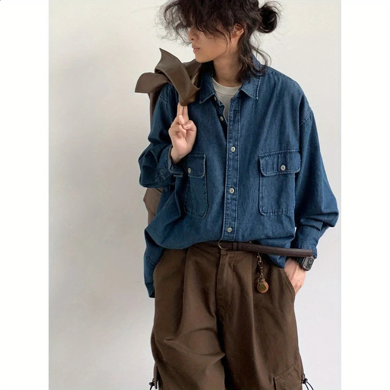 2024 Spring Casual Men Set Retro Simplicity Pocket Denim Shirtbig Pocket Street Hip-hop Cargo Pants 2-pcs Japanese Fashion Suit 240813