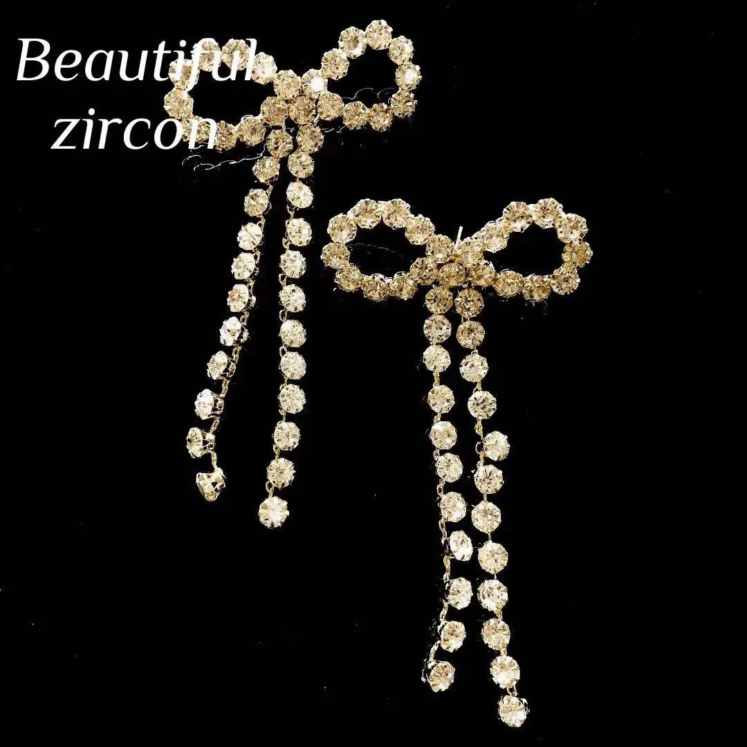 Fashion Womens Rhinestone Bow Earrings Sparkling Crystal Zircon Pendant Earrings Bridal Wedding Jewelry Party Gift Earrings 240810