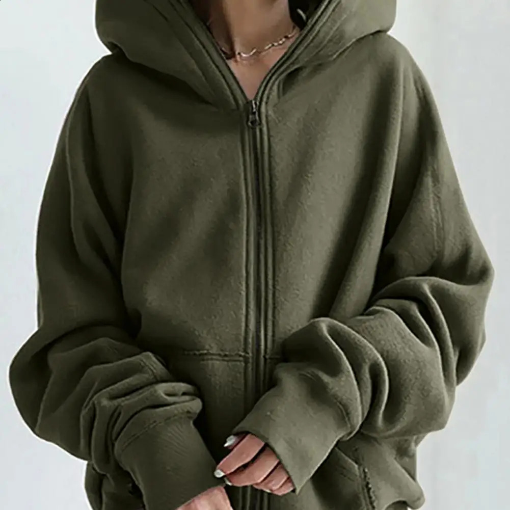 Long Sleeves Pockets Zipper Closure Oversized Mid-length Sweatshirt Jacket Autumn Solid Color Women Hoodie Coat Cardigan 240812