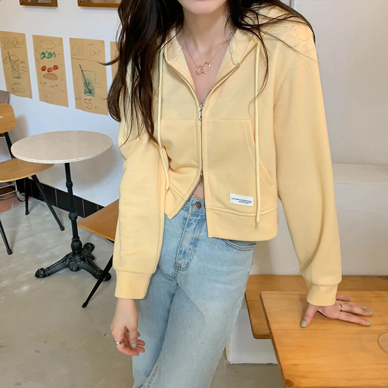 Gidyq Women Streetwear Sweatshirt Korean Fashion Double Zip Loose Hoodies Autumn Casual Female All Match Cropped Coats 240812