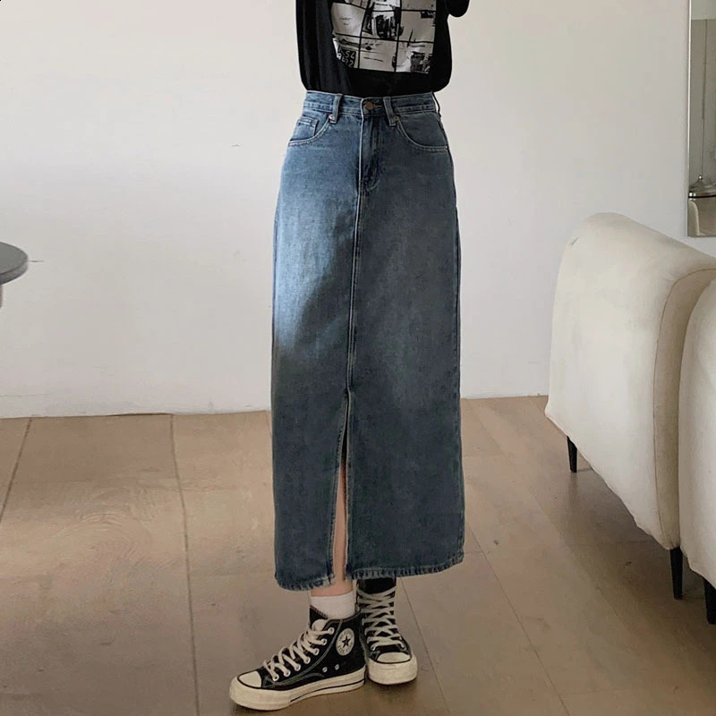 Womens Denim Wrap Skirts Retro High Waisted Split A-line Denim Skirt Autumn Fashion Straight Skirt Female 240812