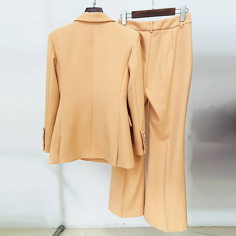 Brown khaki pantyhose womens double chest slim fit office suit business jacket flash pants set twopiece 240812