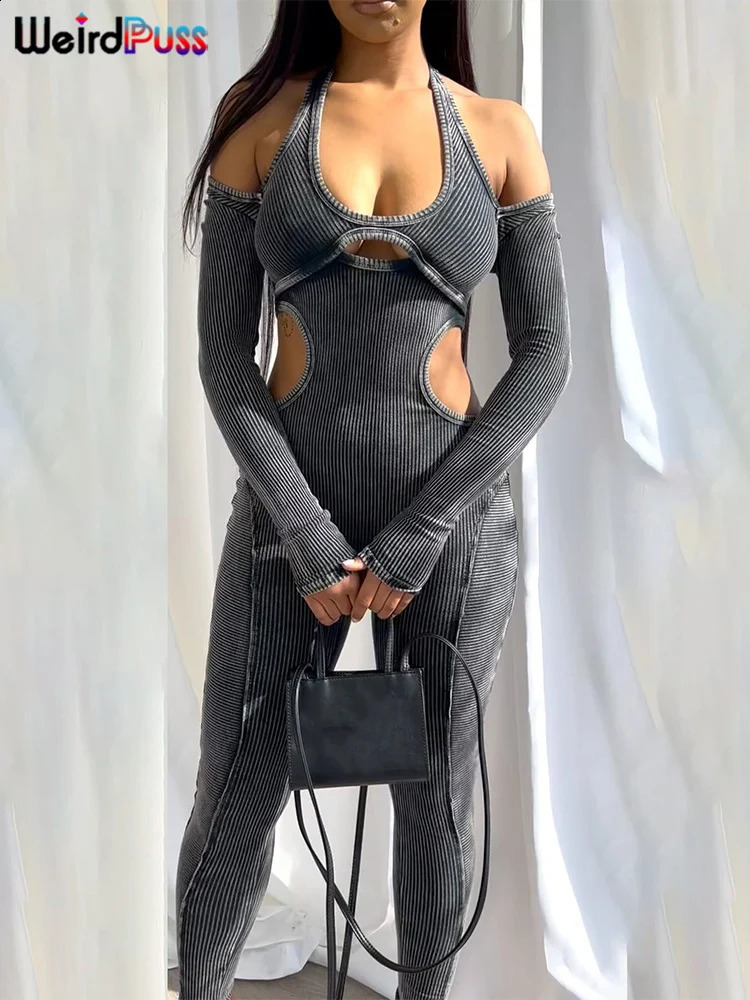 Weird Puss Ribbed Halter Jumpsuit Women Waistless Casual Tight Soft Long Sleeve Skinny Elastic Activity Hipster Fitness Overalls 240813