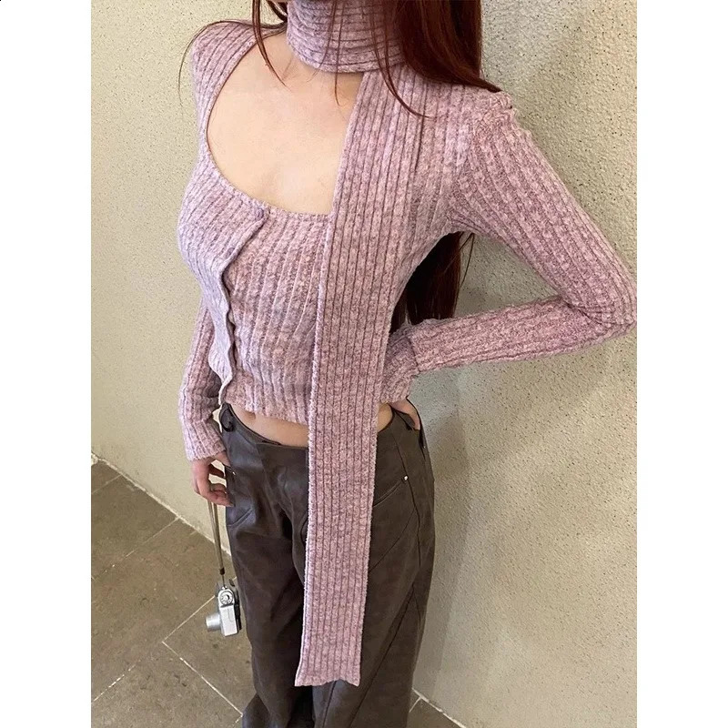 Sexy Knitwear Women Spring Cardigan Autumn Long Sleeve Basic Vintage Crop Top Chic Purple Y2k Harajuku Fashion Sweaters 240812