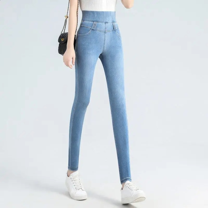 Korean Fashion Women Big Size Skinny Jeans Spring Autumn Streetwear Casual Trouser Denim Pockets Elastic High Waist Pencil Pants 240812
