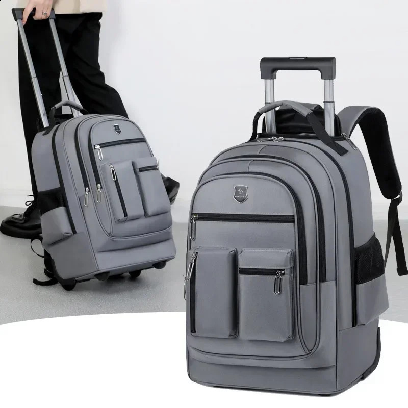 Mens large capacity travel backpack with wheels womens multilayer handcart luggage bag trolley business computer 240813