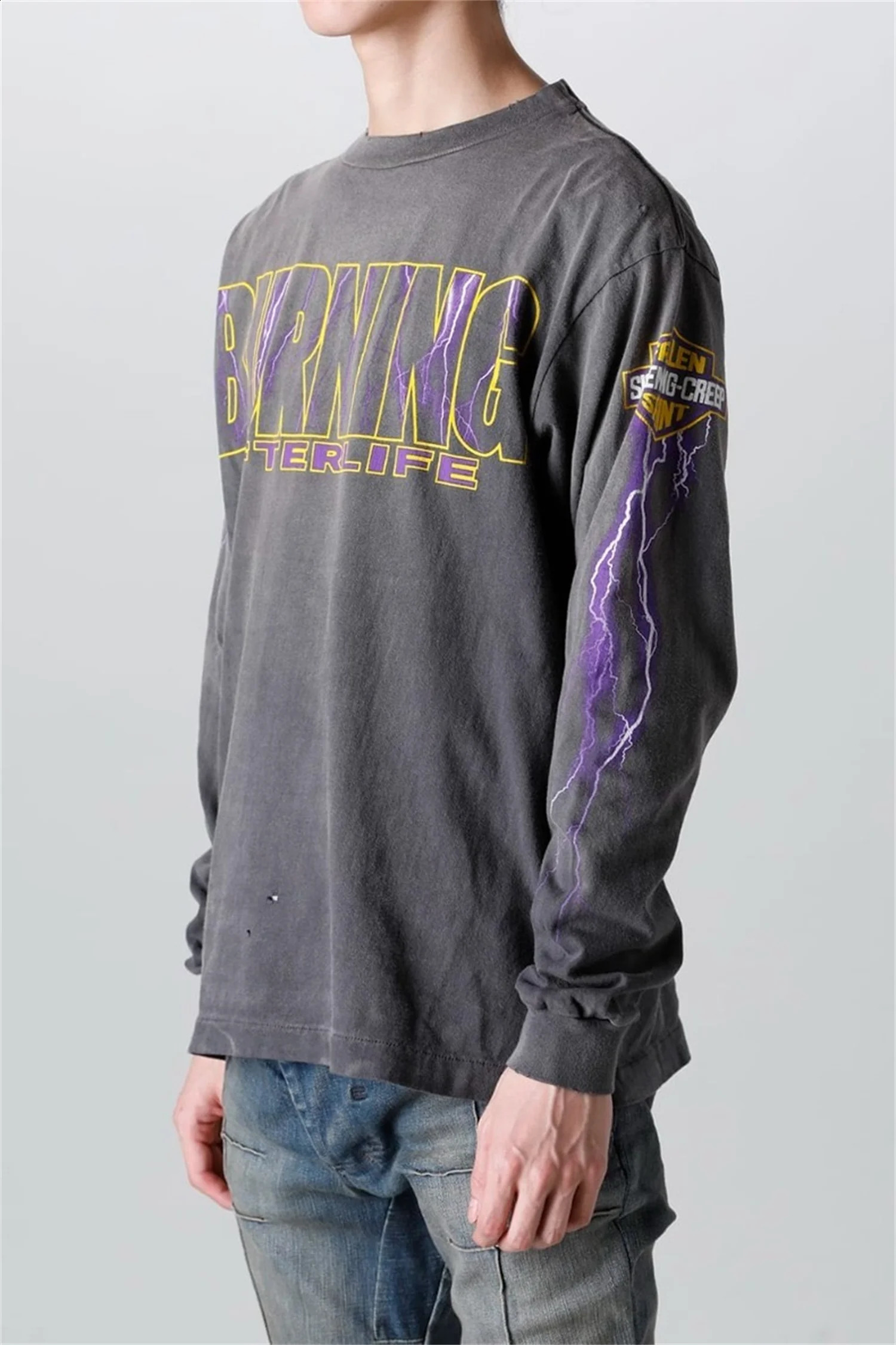 Summer Retro EVILSPIRIT Thunder Printed Washed High Street Cotton Loose Long Sleeve Mens Tshirt Zipper 240812