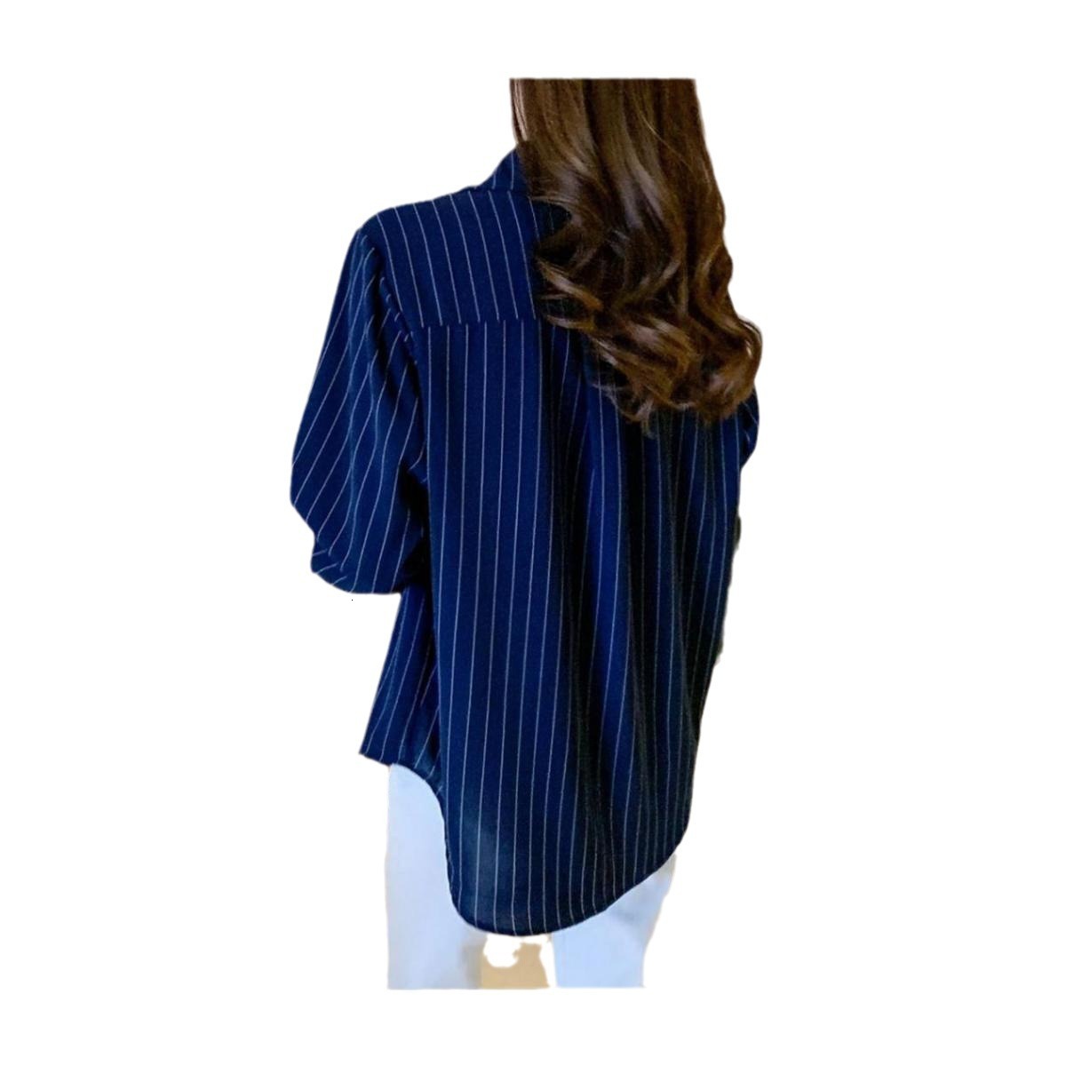 Striped long sleeved chiffon for women s spring and autumn new style top base small shirt white fashionable versatile loose shirt