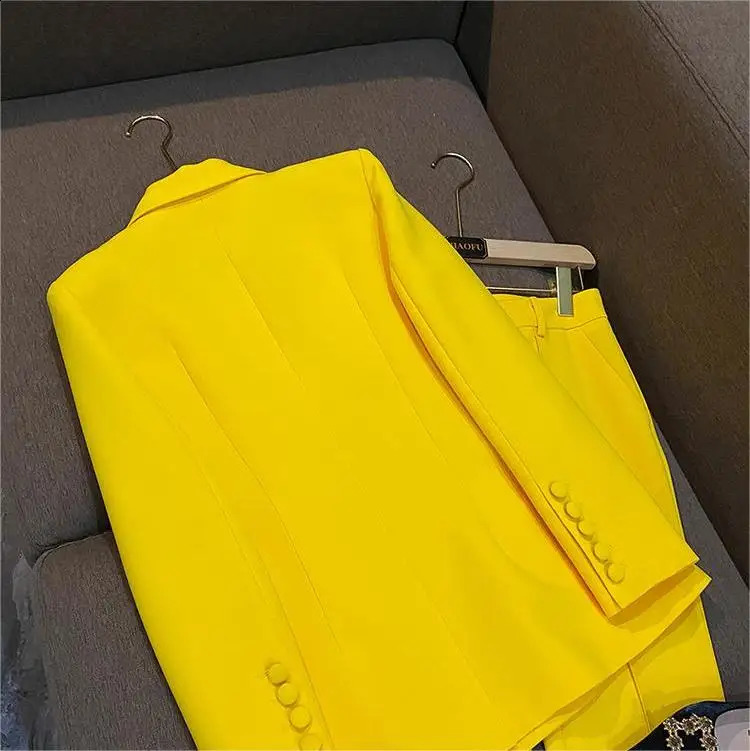 All season Lemon Yellow Office Womens Set Double layered Long sleeved Trailblazer Flared Pants Solid Two piece 240812