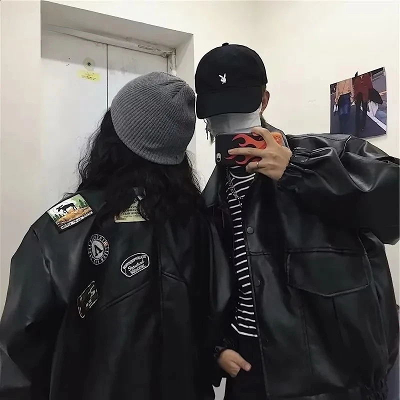 European and American street PU leather jacket trend loose fit suitable for motorcycle clothing womens pilot couple 240812