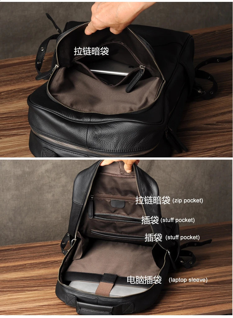 High quality fashionable leather backpack mens student daily Rucksack big Knapsack black 240813