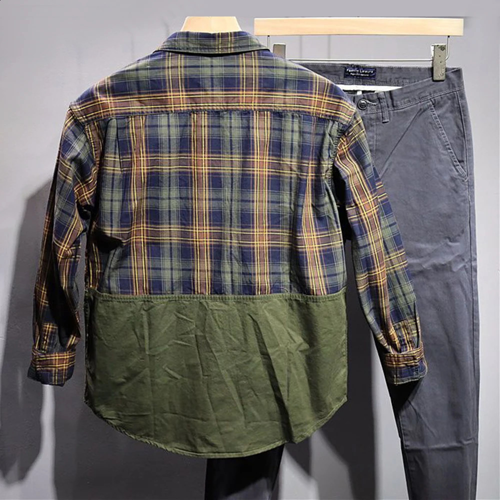 SpringSummer Mens Casual Shirt Retro Japanese Style Simple and Comfortable Splicing Long Sleeve Loose Flat 240812