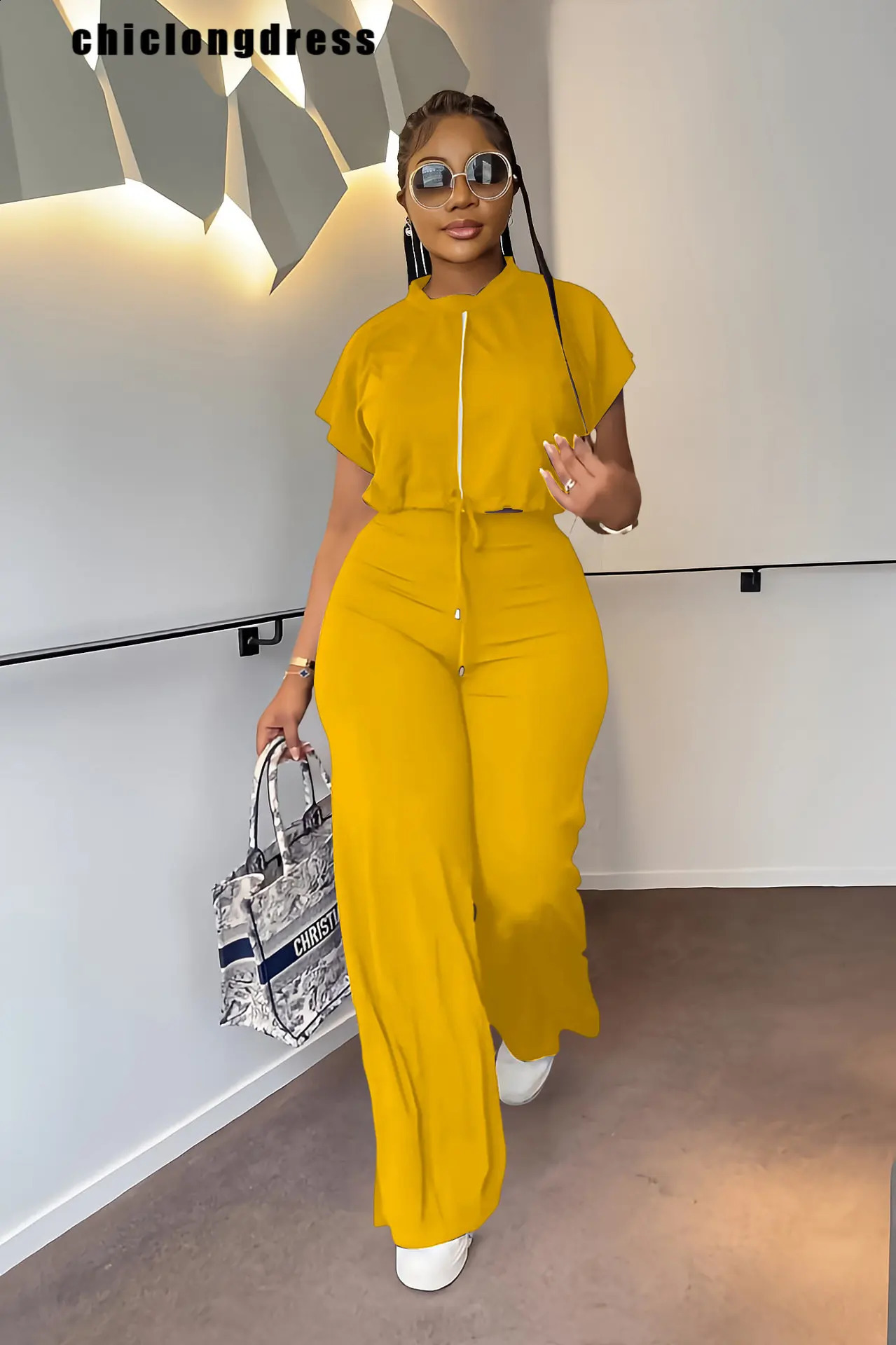 Summer Fashion Sports Style Two Piece Set for Women Casual Drawstring Top Split Wide Leg Pants Two Piece Set Women 240813