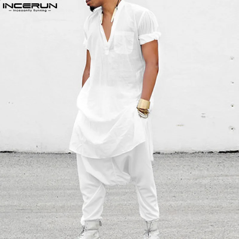 Casual Simple Style Suit INCERUN Mens Suit Solid Short Sleeve Side Slit Medium Length Robe Trousers Muslim Two-piece Sets S-5XL 240813