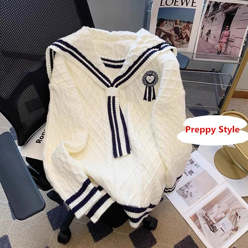 Women Autumn Winter Preppy Style Sweater Pullovers Arrival Korean Sailor Collar Long Knitted Tops Sweet Pink Knitwear 240812