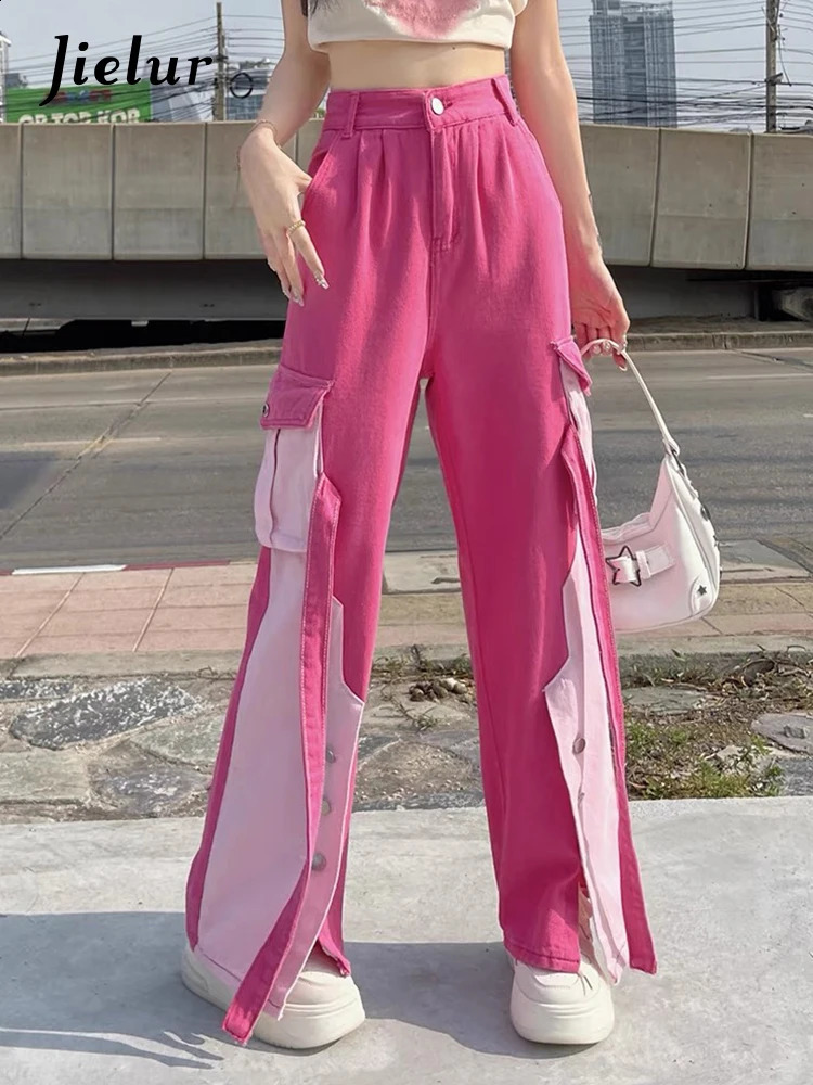 Jielur Pink Autumn Spell Color Straight Jeans High Waist Sexy Y2k Casual Fashion Streetwear Chic Loose Female Cargo Pants 240813