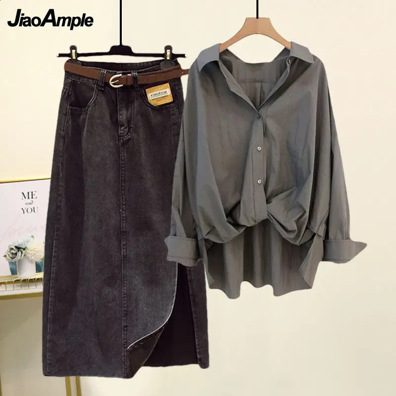 Womens Summer Skirt Suit 2024 Loose Shirt Top Slit Denim Skirts Two Piece Korean Elegant Fashion Blouse Midi Dress Set 240812