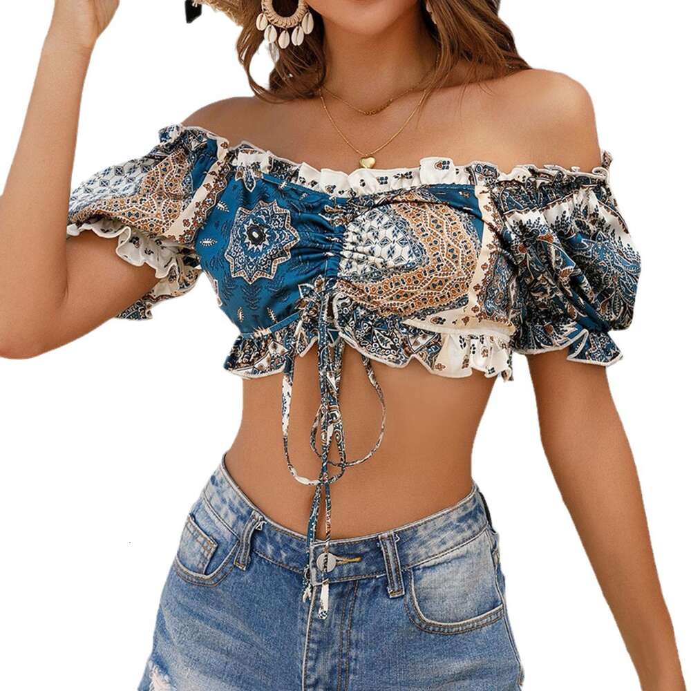 Summer New Blouse Sexy Printed Bubble Sleeve Square Neck Women's Top