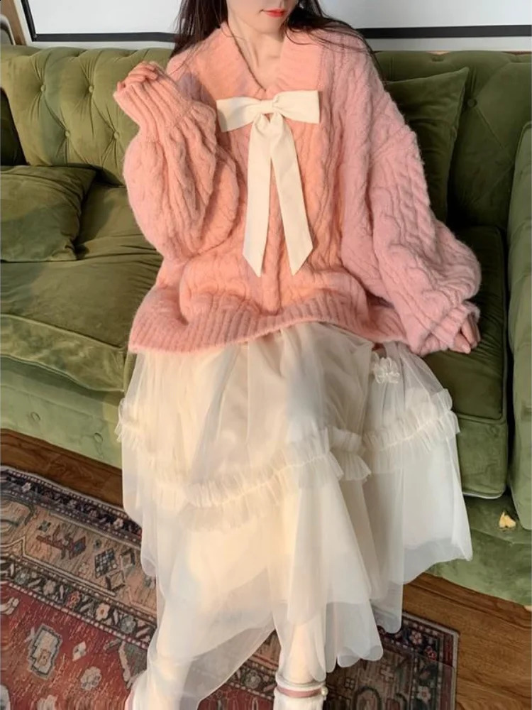 Deeptow Pink Kawaii Pullover Womens V-neck Bow Loose Knitted Sweater Preppy Style Sweet Loose Long Sleeve Autumn Winter 240812