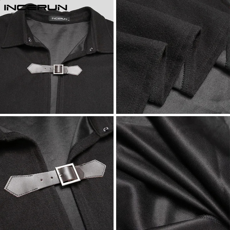 INCERUN Mens Cloak Coat Solid Color Single Button Collar Cape Town Street Wear Winter Artificial Blended Jacket 240812