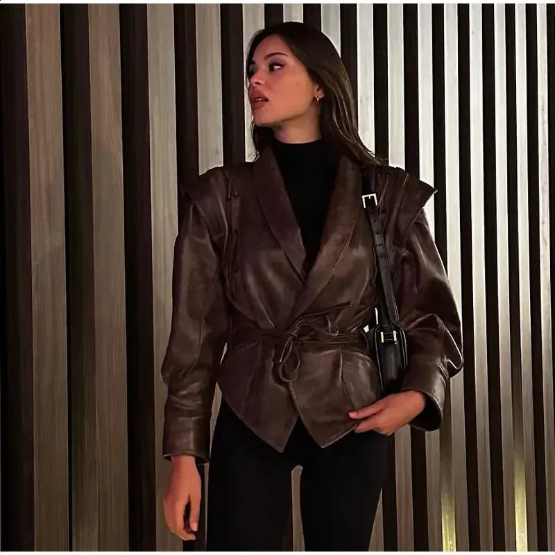 Autumn Winter Faux Leather Jacket Women Fashion Vintage V Neck Female Pu Coat 2024 Elegant High Street Casual Ladies Outwear 240813