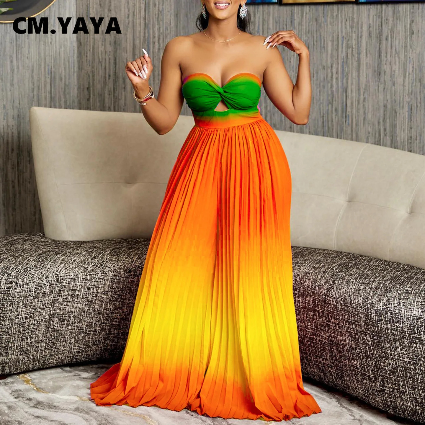 CM.YAYA Women Gradient Sleeveless Pleated Strapless Wide Leg Long Jumpsuits 2024 Summer Beach Fashion Street Sexy Outfit Rompers 240813