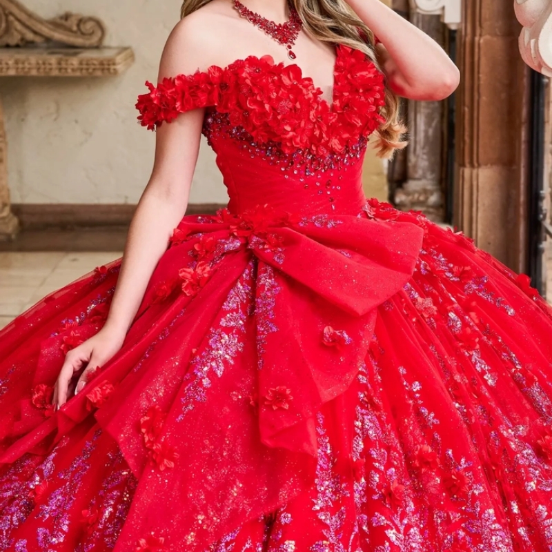 Red Shiny Princess Quinceanera Dresses Off Shoulder Beaded Crystal Flower Tull Sweet 16 vestidos de 15 quinceanera