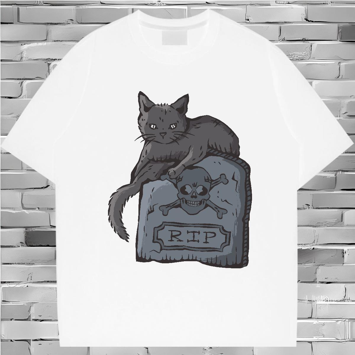 Popular T-Shirts for Men cat Short Sleeve Soft Home Outdoor Skull 230g Cotton Tshirt for Man Woman Fashion Design Clothings