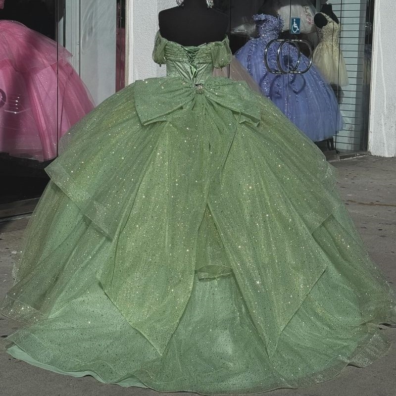 Sparkly Mint Green Sweetheart Quinceanera Dresses Off The Shoulder Ball Gown Beads Crystal Princess Party vestidos 15 de quinceanera