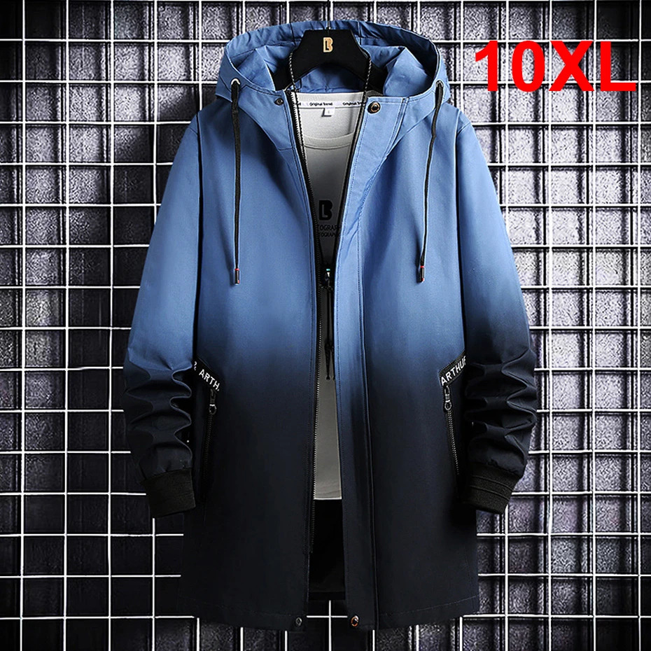 Long Cargo Jacket Men Plus Size 10XL Jackets Gradient Windbreak Spring Autumn Hooded Coat Male Black Windbreak Long Style 240812