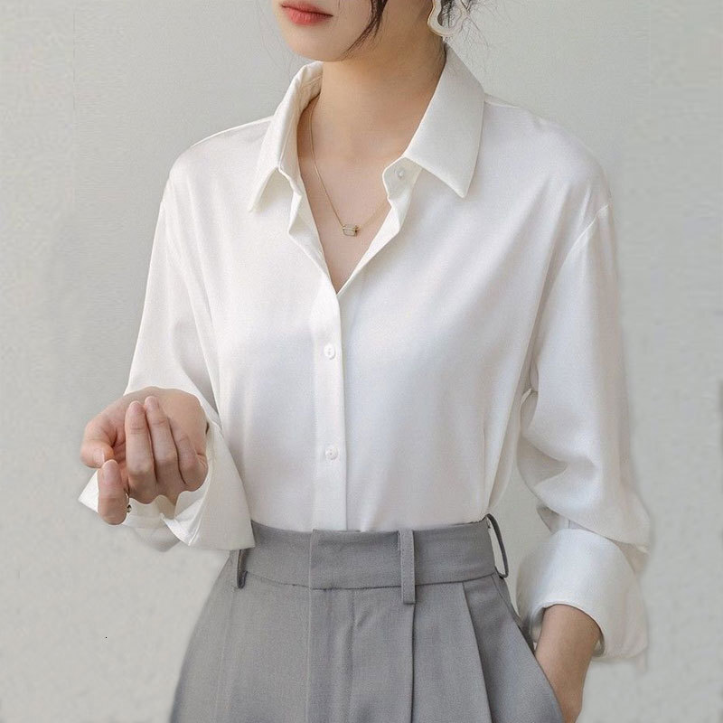 French white for women 2024 spring and autumn new wrinkle resistant satin shirt temperament long sleeved chiffon interior