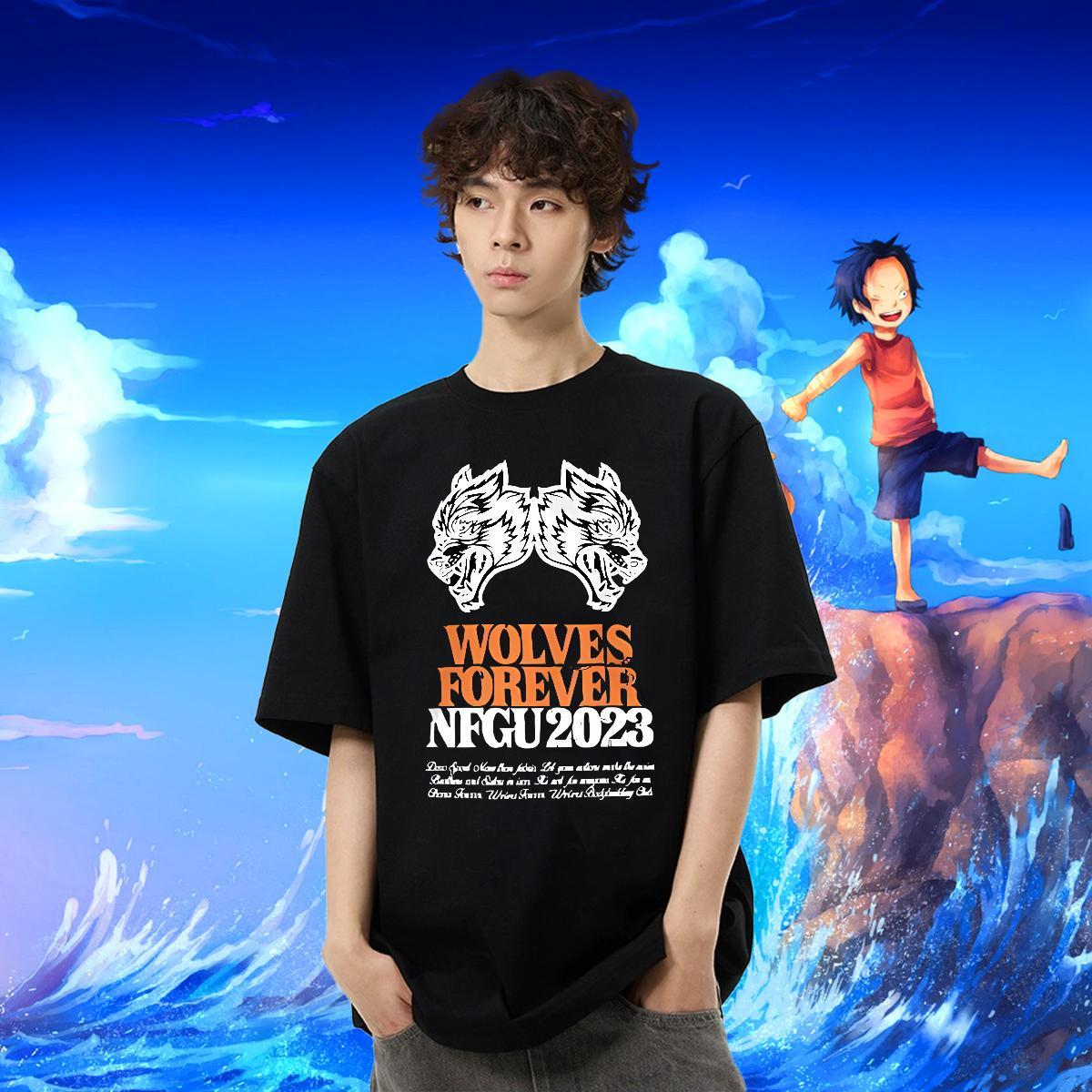 Wholesale Tshirts wolf Outdoor 230g Pure Cotton Tops Tees Crew Neck High Quality T shirt Cartoon Printing L-4XL