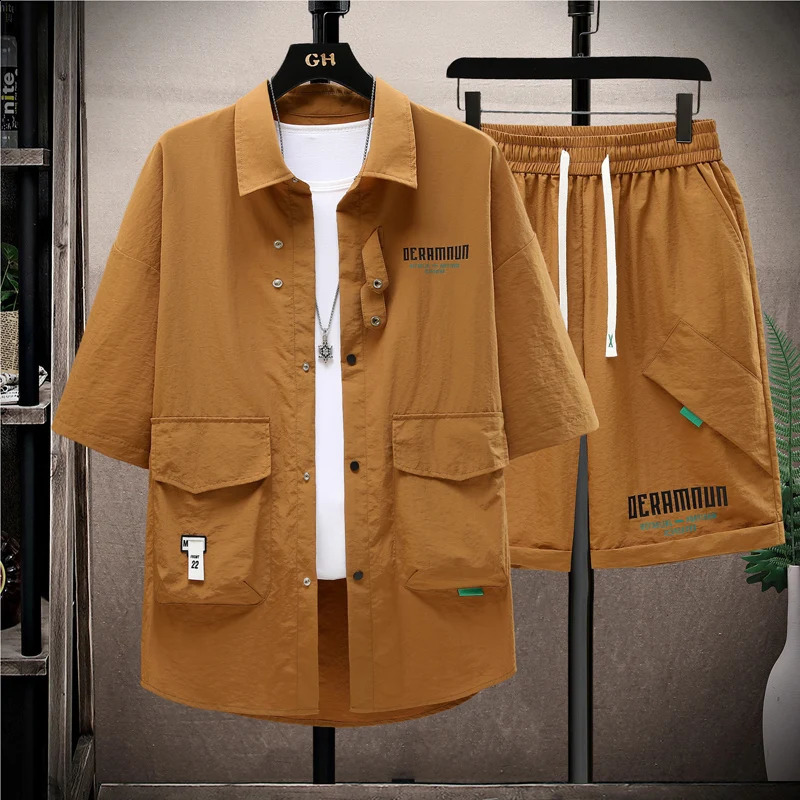 Summer set mens casual single chest short sleeved shirt 2piece loose and fashionable highquality sportswear 240812