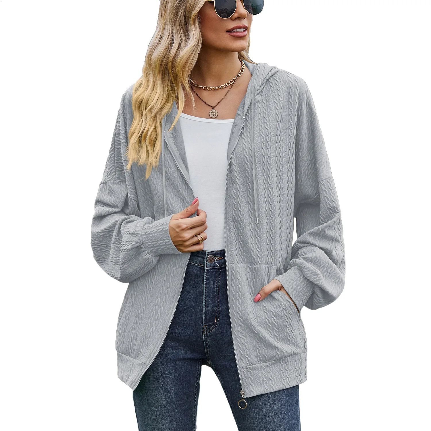 Autumn Winter Coat Womens Fashion Solid Pocket Long Sleeve Drop Shoulder Sleeve Loose Casual Hooded Sweater Coat 240812