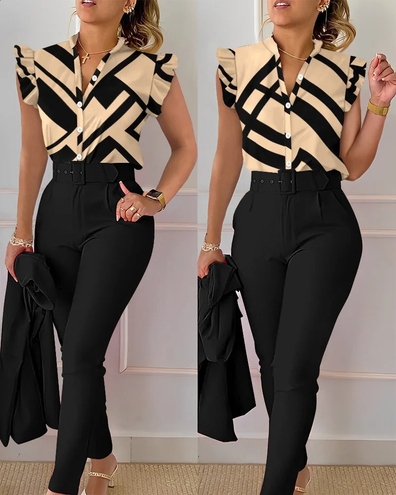 Elegant Print Shirt And Pants Two Piece Sets Women Pants Spring Autumn Fashion Long Sleeve Shirts High Waist Pant Casual Suits 240813