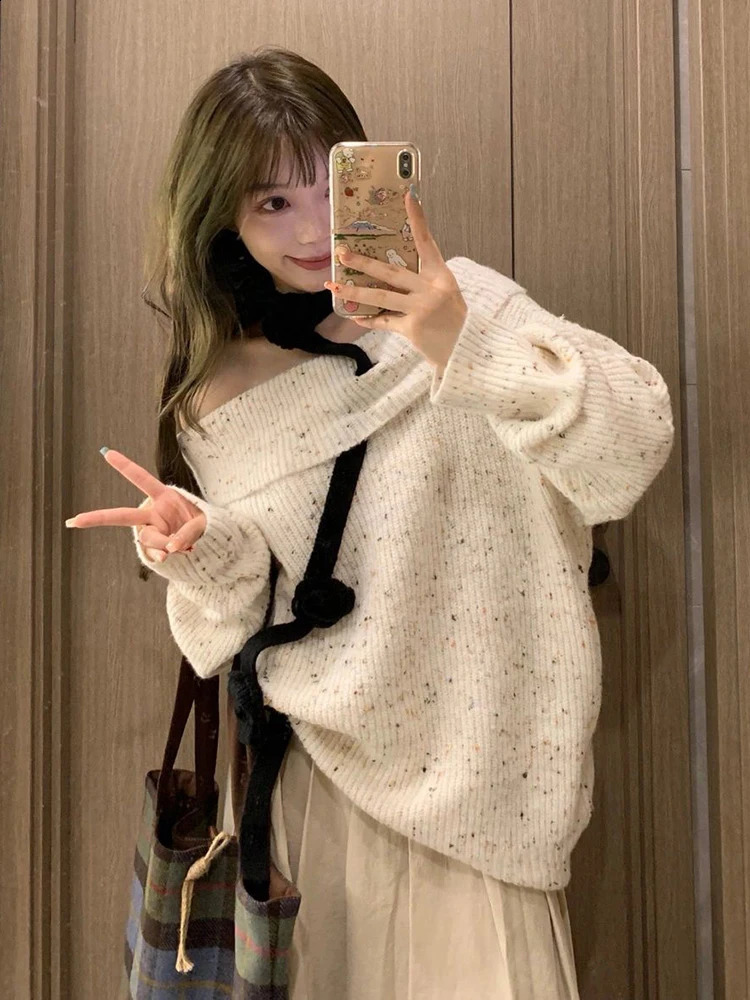 Women Apricot Pullover Knitted Sweater Harajuku 90s Aesthetic Long Sleeve Jumper Sweaters Korean Y2k 2000s Vintage Clothes 240812