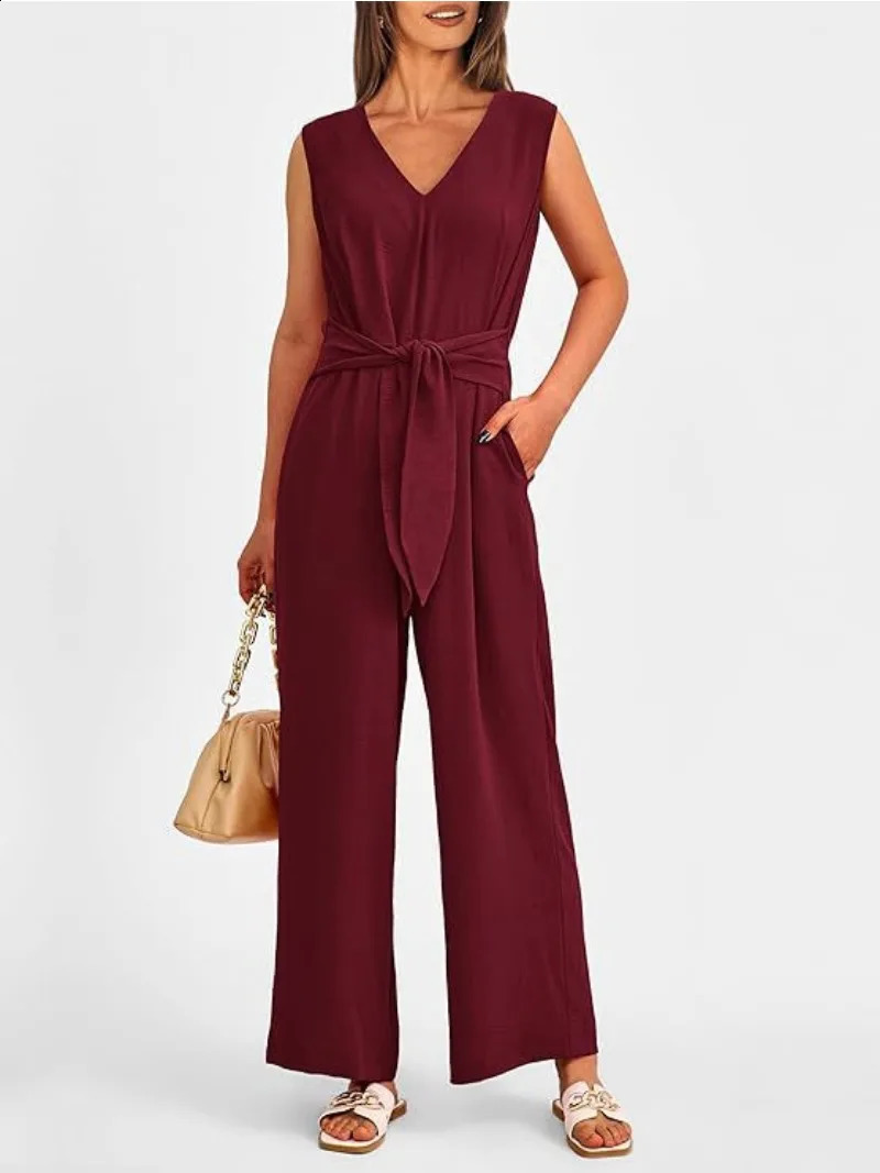 Womens Fashionable and Elegant Style Solid Color Womens Clothing Elegant V-neck Wide Leg Jumpsuit Sleeveless Jumpsuit 240813
