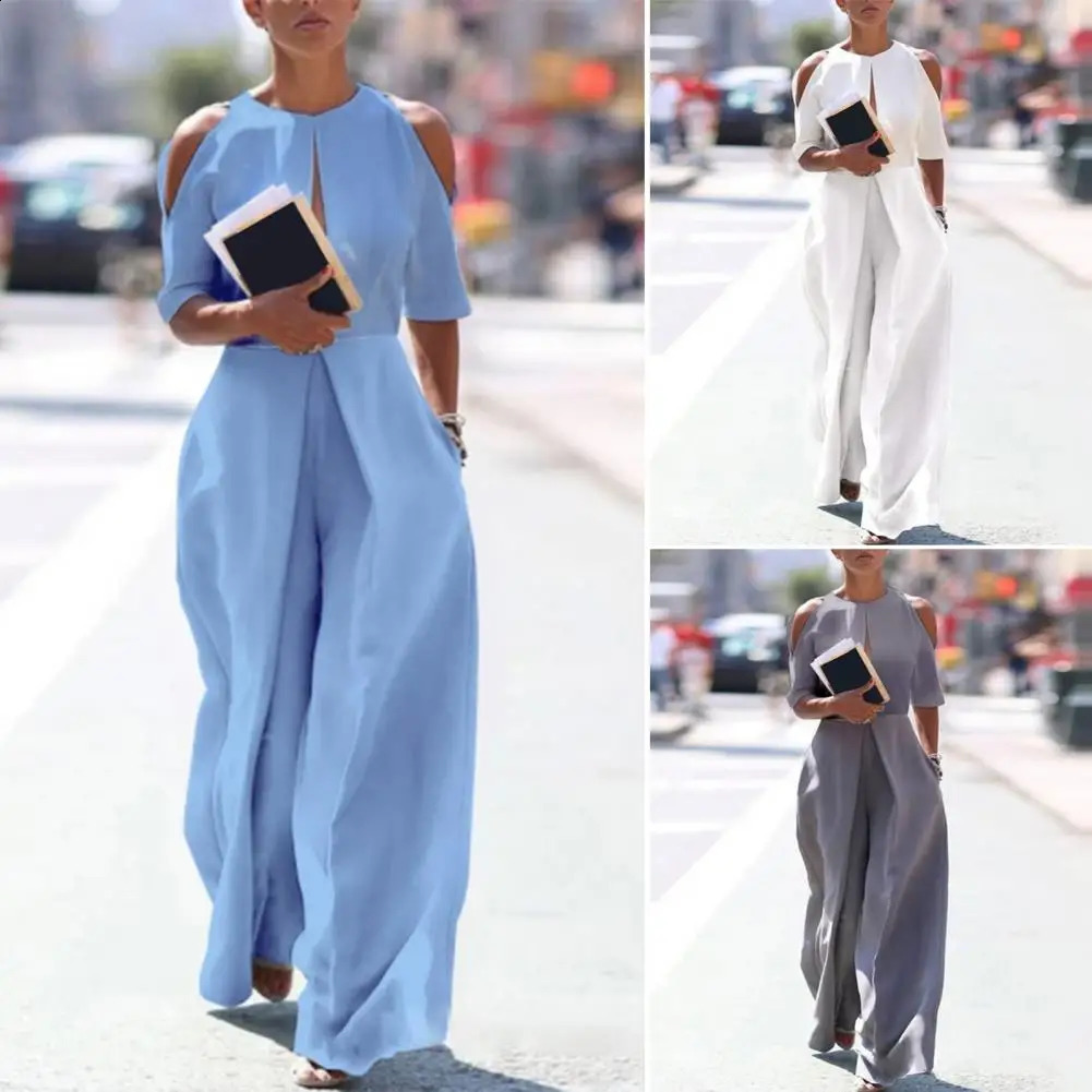 Soft-touching Breathable Cold Shoulder Half Sleeve Front Hollow Long Jumpsuit Streetwear 240813