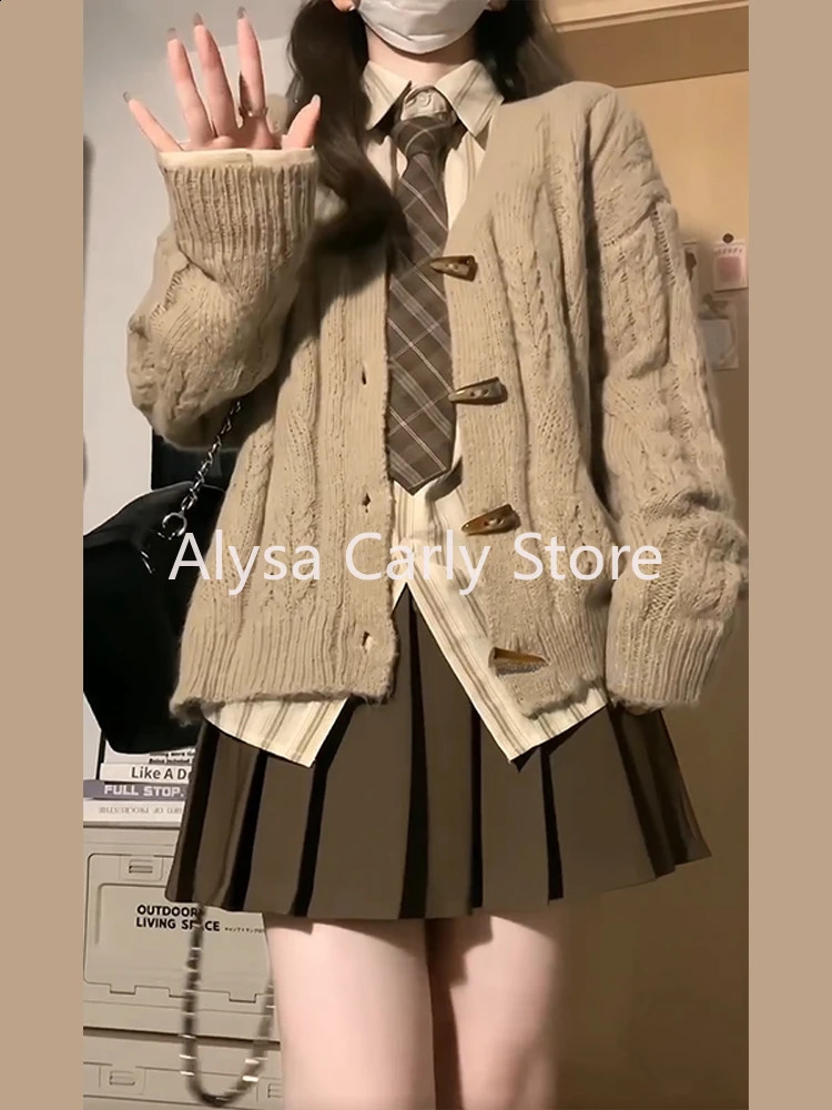 Japanese Preppy Style Coffee Knitted Sweater Women Loose Long Sleeve Button Thick Cardigan Winter Casual Vintage Warm Tops Coat 240812