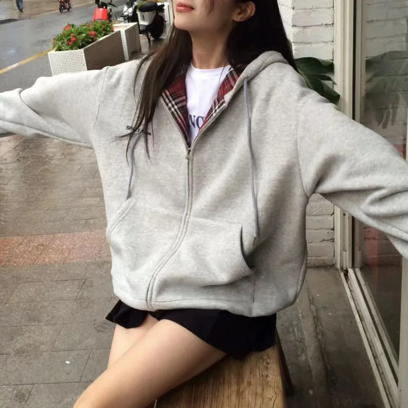 American Retro Harajuku Style Gray Red Plaid Zip Up Hoodie Sweatshirts Women Spring Autumn Loose Casual Y2k Kpop Streetwear Coat 240812