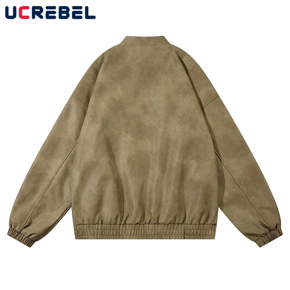 Letter Embroidery PU Leather Jacket Mens Retro High Street Stand Collar Long Sleeve Loose Autumn Outerwear Men 240810